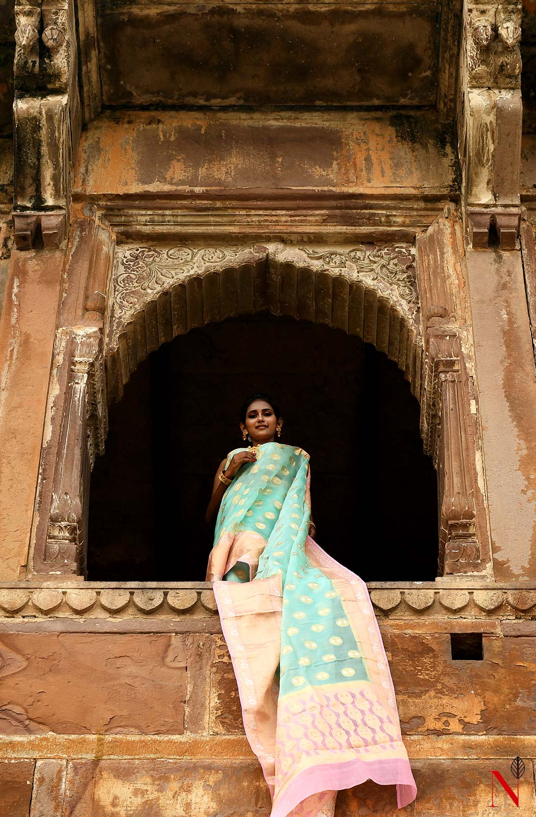 Sea Green & Pink Pure Banarasi Organza Saree