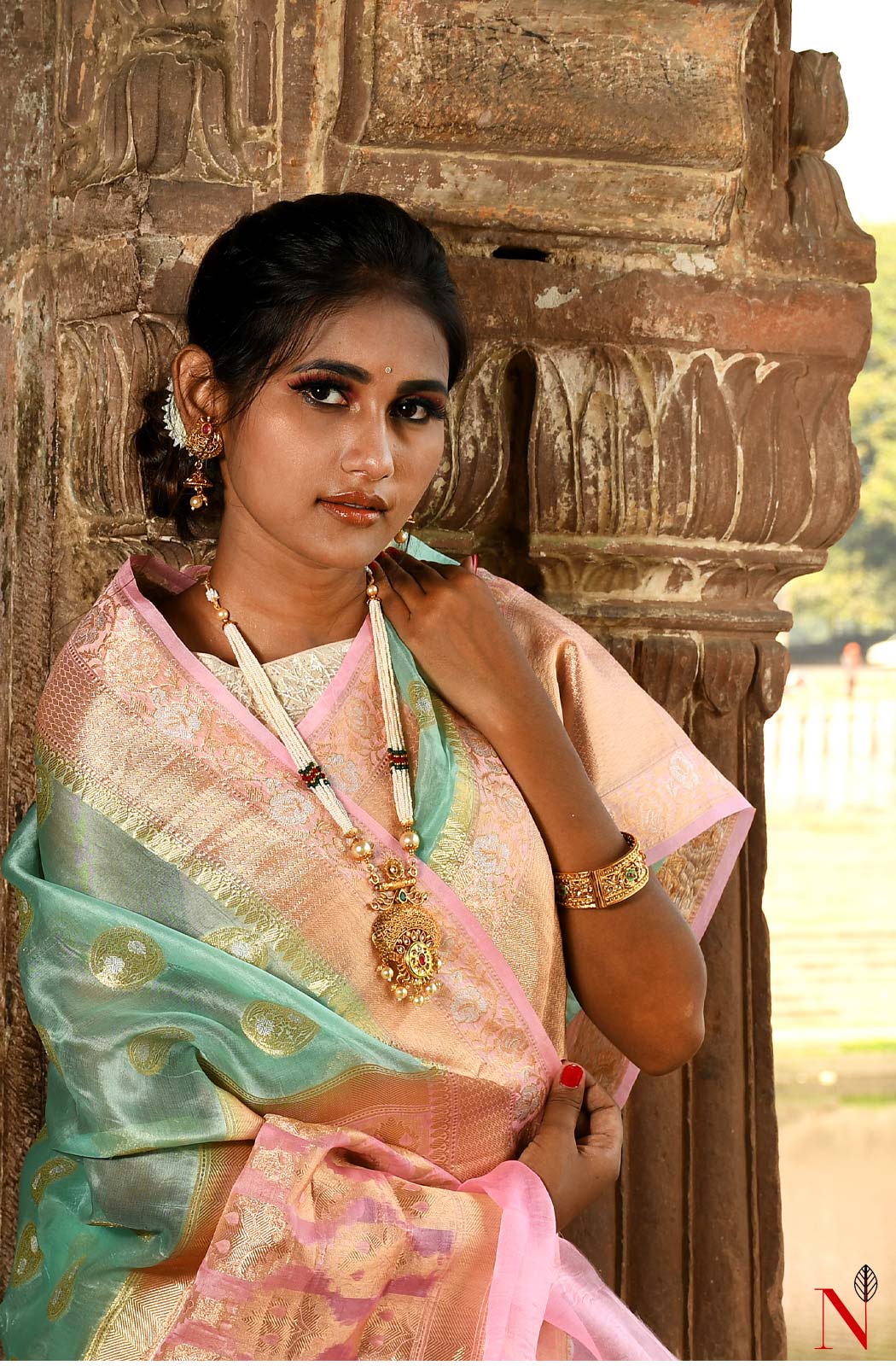 Sea Green & Pink Pure Banarasi Organza Saree