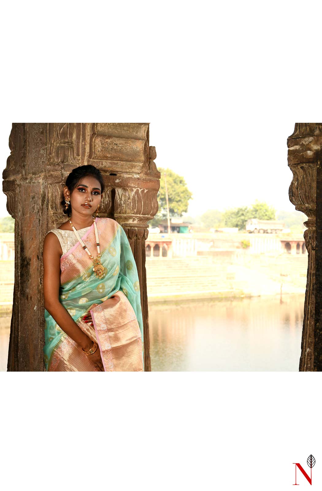Sea Green & Pink Pure Banarasi Organza Saree