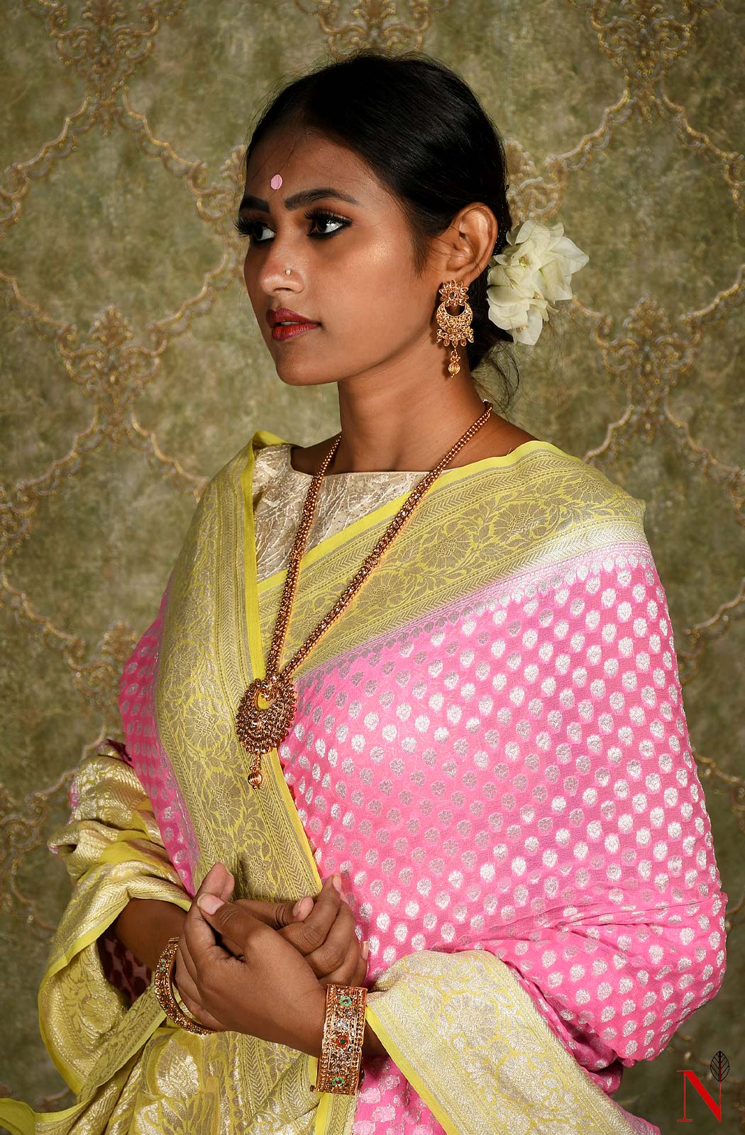 Pink & Yellow Pure Banarasi Khaddi Georgette Saree