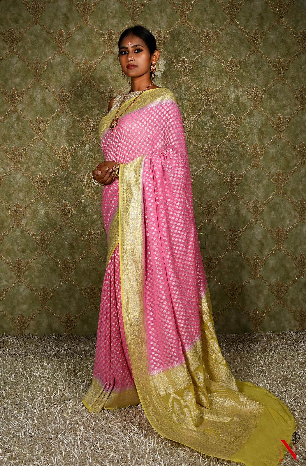 Pink & Yellow Pure Banarasi Khaddi Georgette Saree