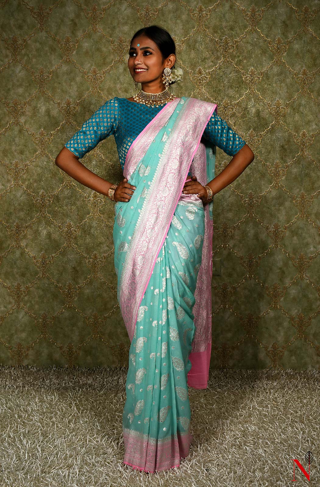 Sea Green & Pink Pure Banarasi Khaddi Georgette Saree - Naksheband