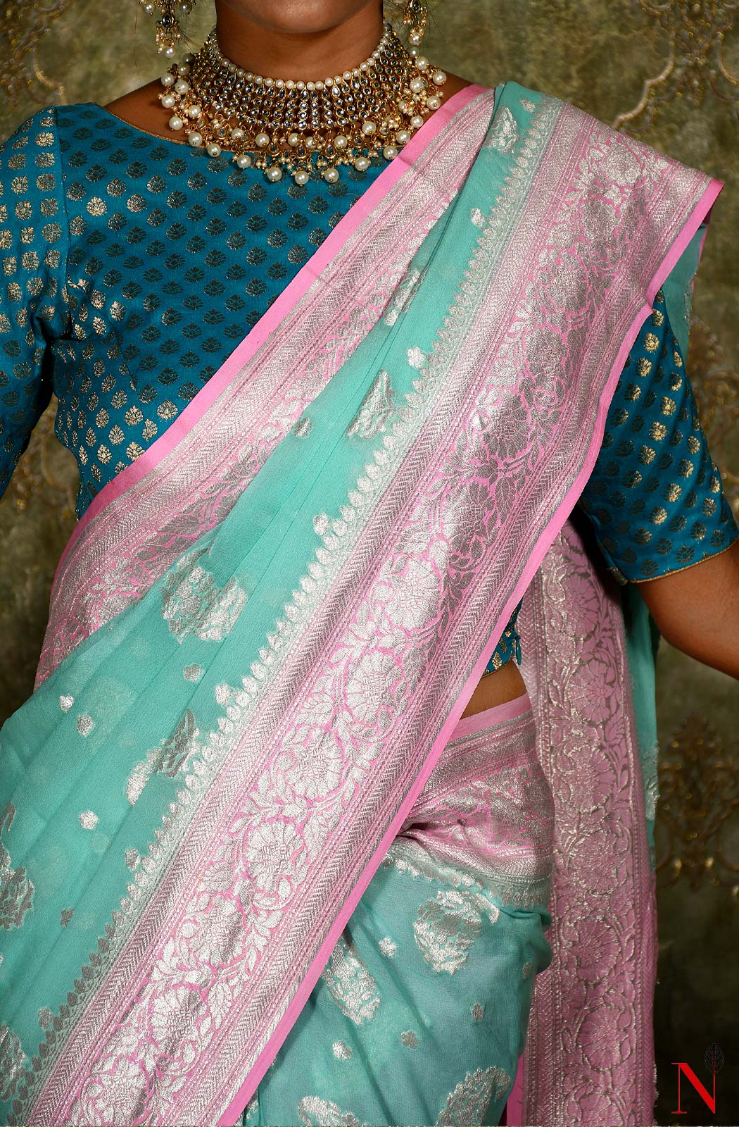 Sea Green & Pink Pure Banarasi Khaddi Georgette Saree - Naksheband