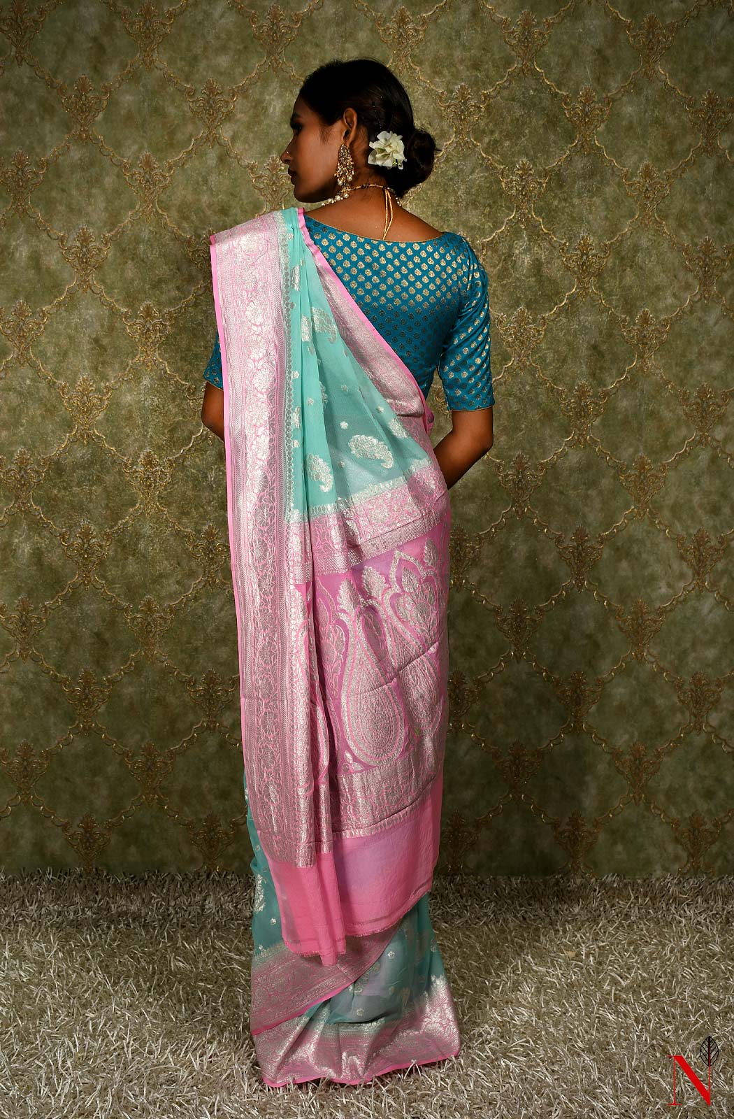 Sea Green & Pink Pure Banarasi Khaddi Georgette Saree - Naksheband