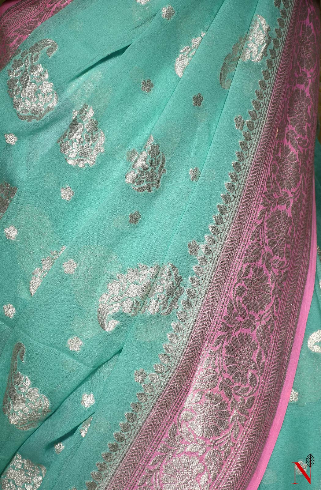 Sea Green & Pink Pure Banarasi Khaddi Georgette Saree - Naksheband