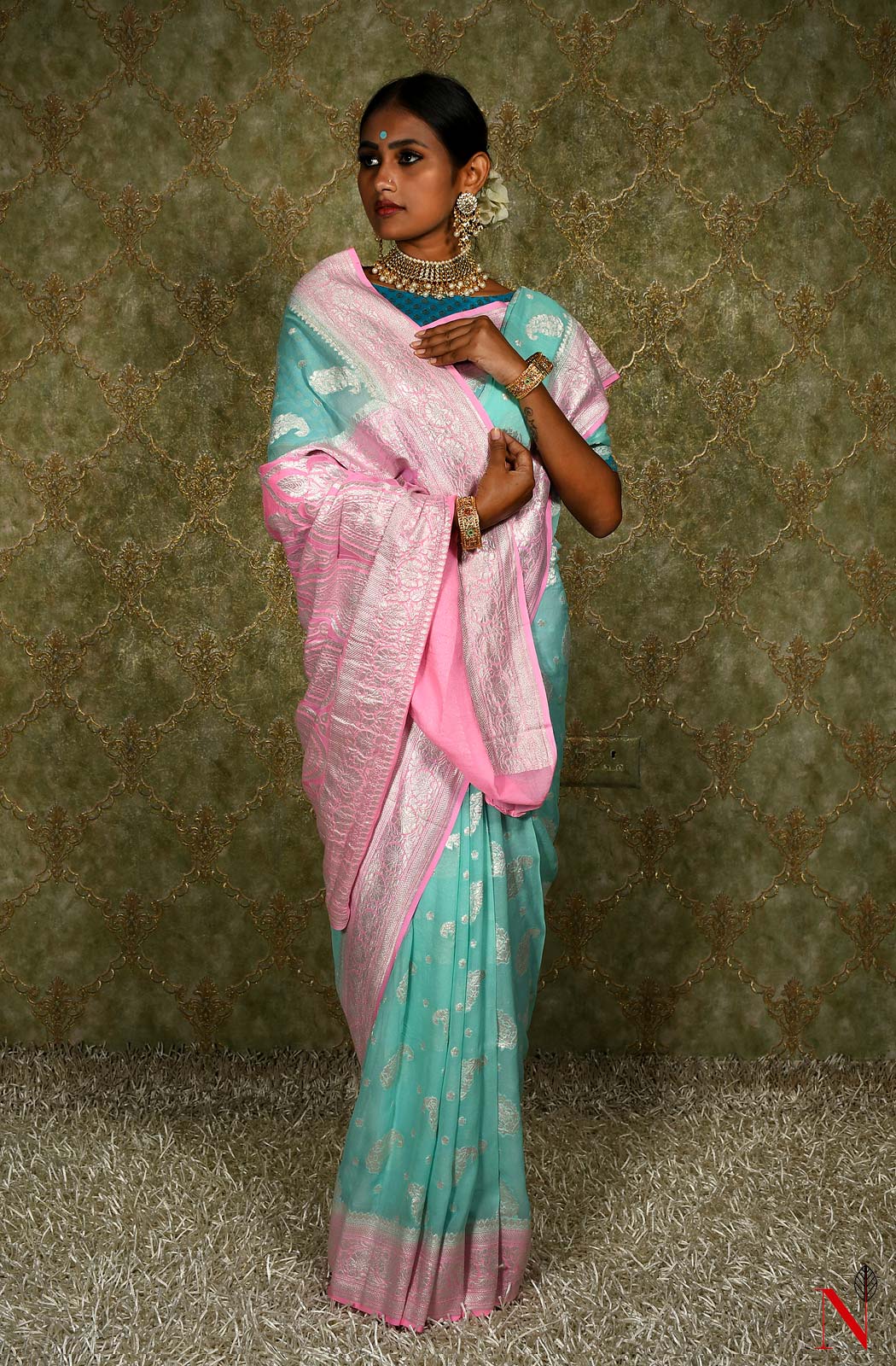 Sea Green & Pink Pure Banarasi Khaddi Georgette Saree