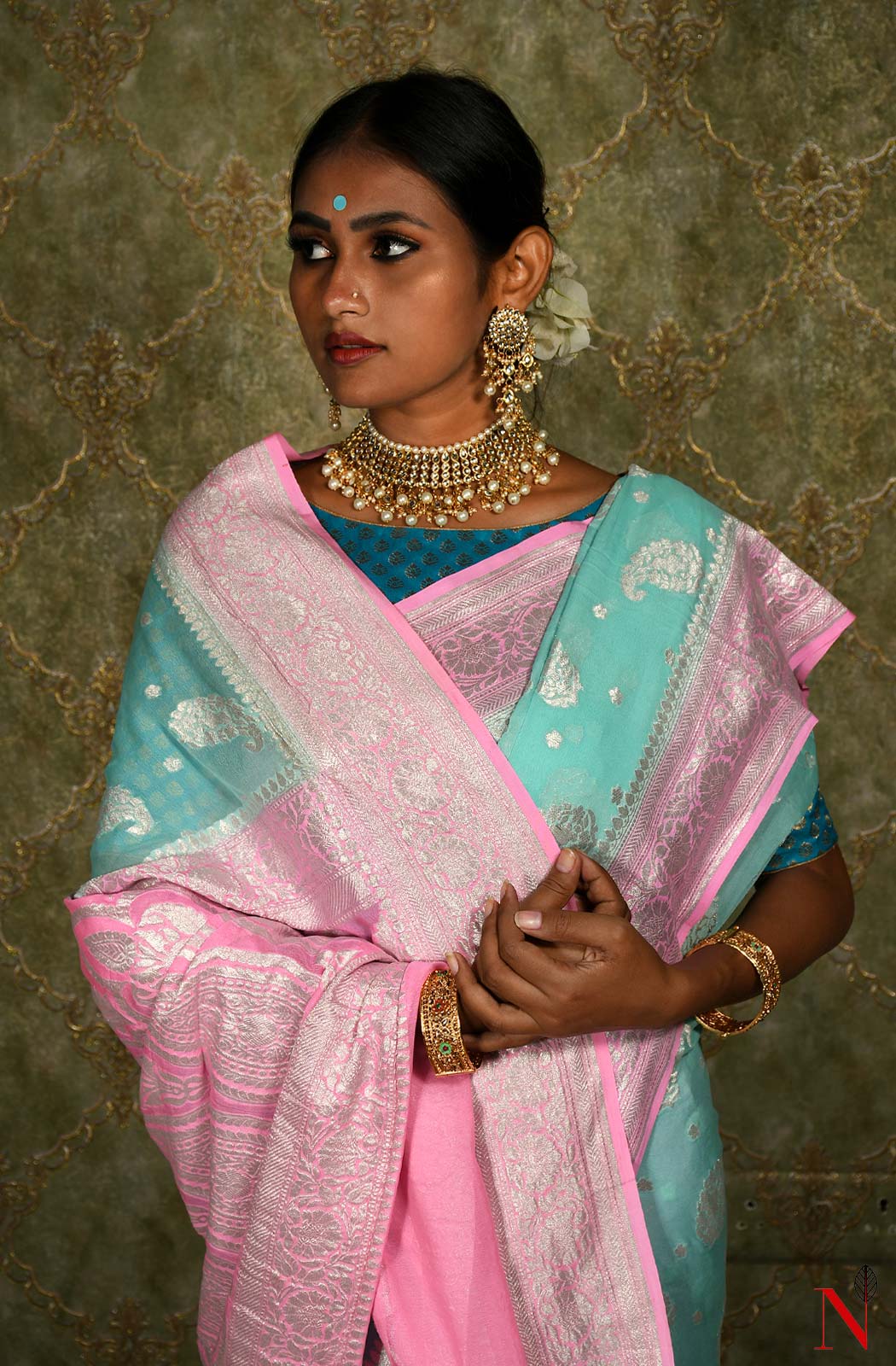 Sea Green & Pink Pure Banarasi Khaddi Georgette Saree - Naksheband