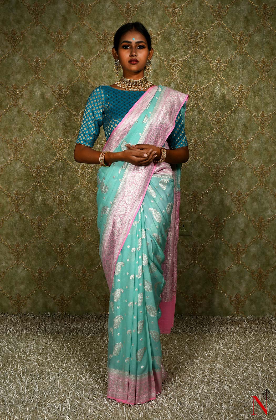 Sea Green & Pink Pure Banarasi Khaddi Georgette Saree - Naksheband
