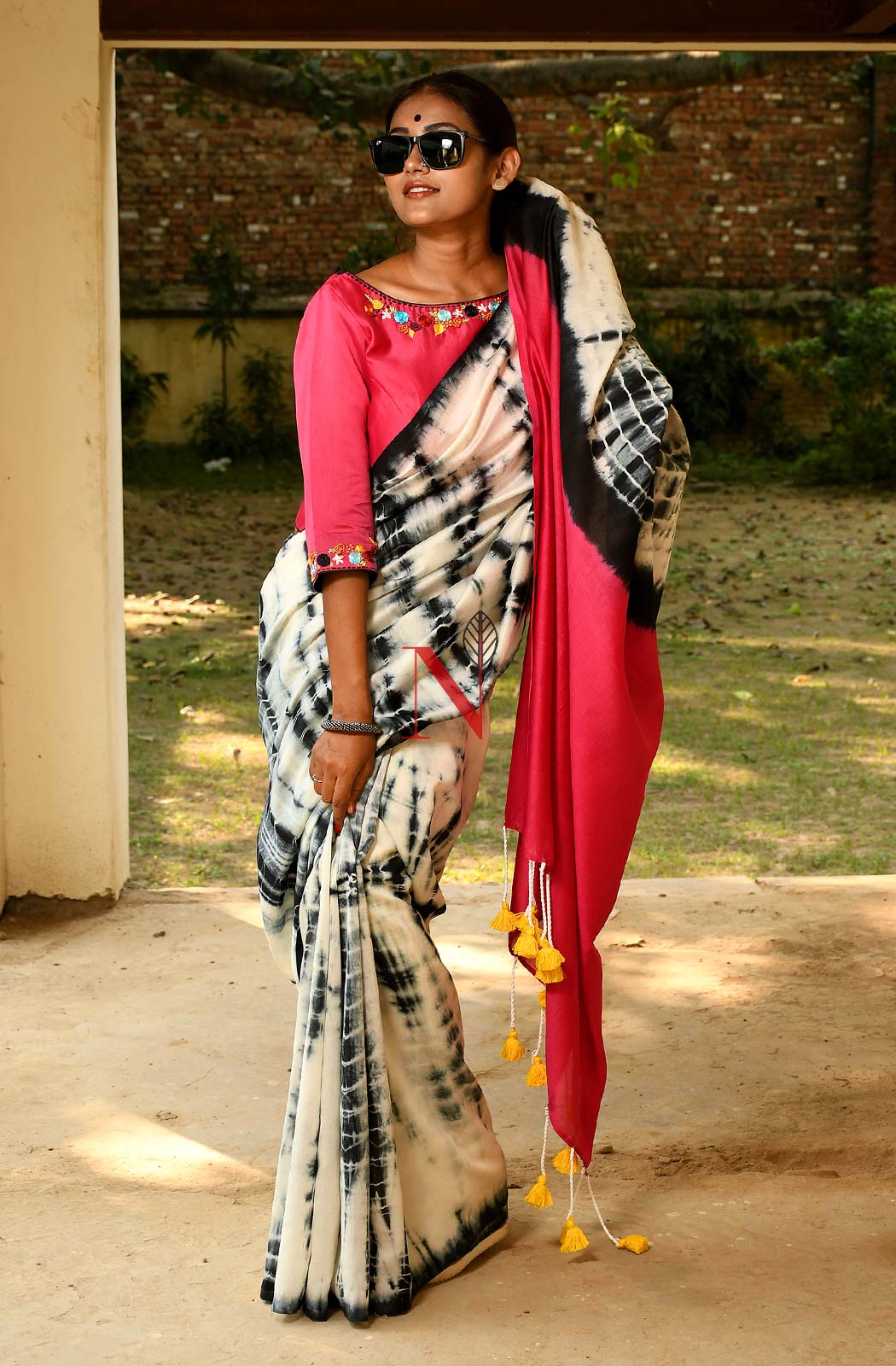 White & Black Pure Silk Chanderi Saree - Shibori - Naksheband