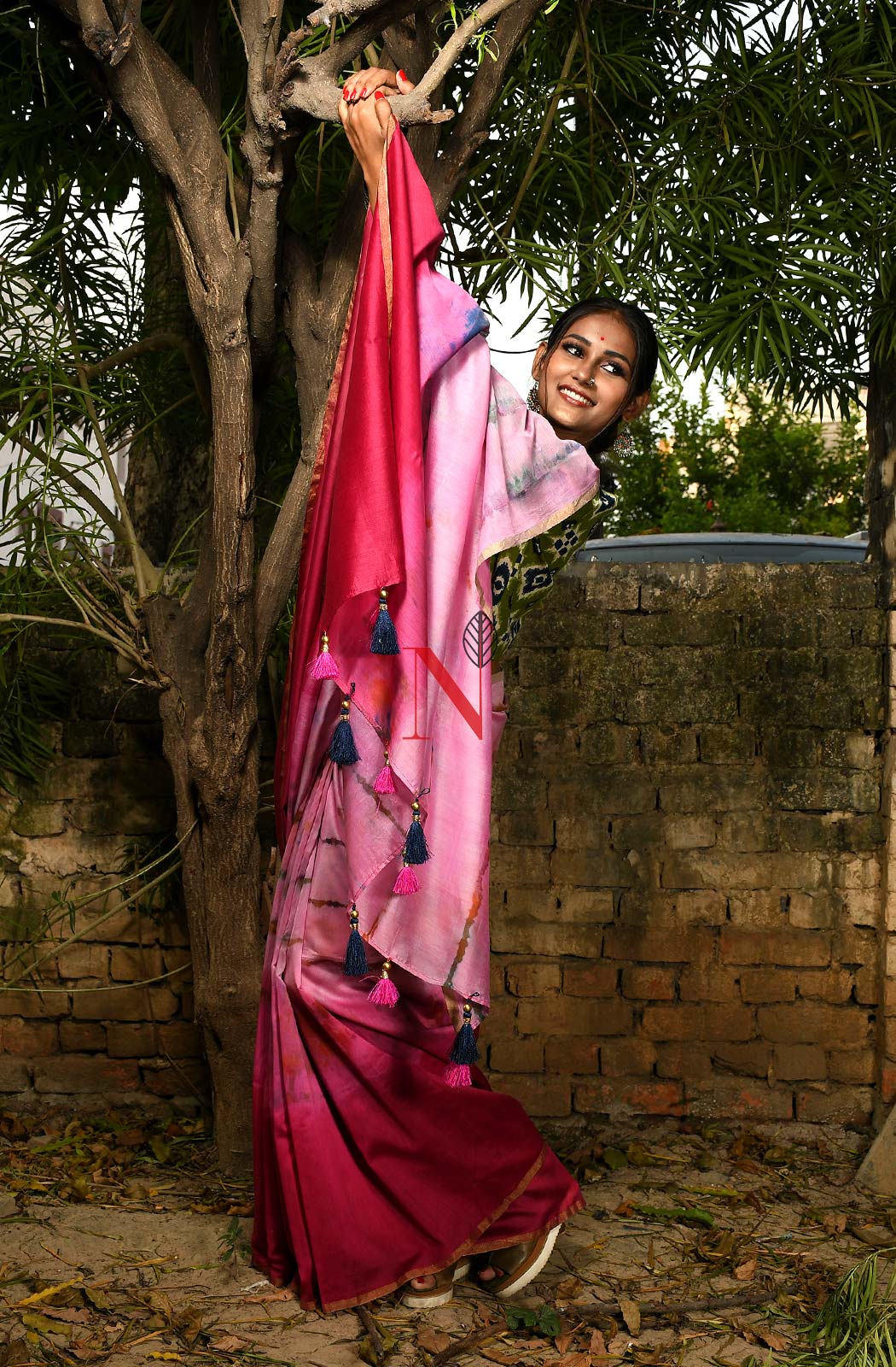 Rani & Pink Pure Silk Chanderi Saree - Shibori - Naksheband