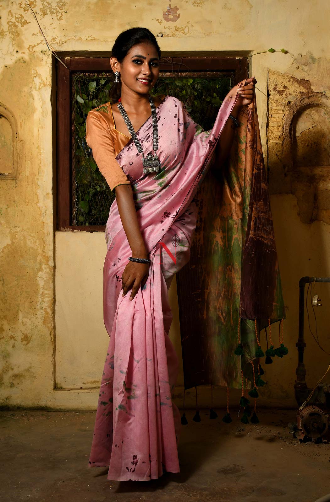 Pink & Green Pure Silk Chanderi Saree - Shibori - Naksheband