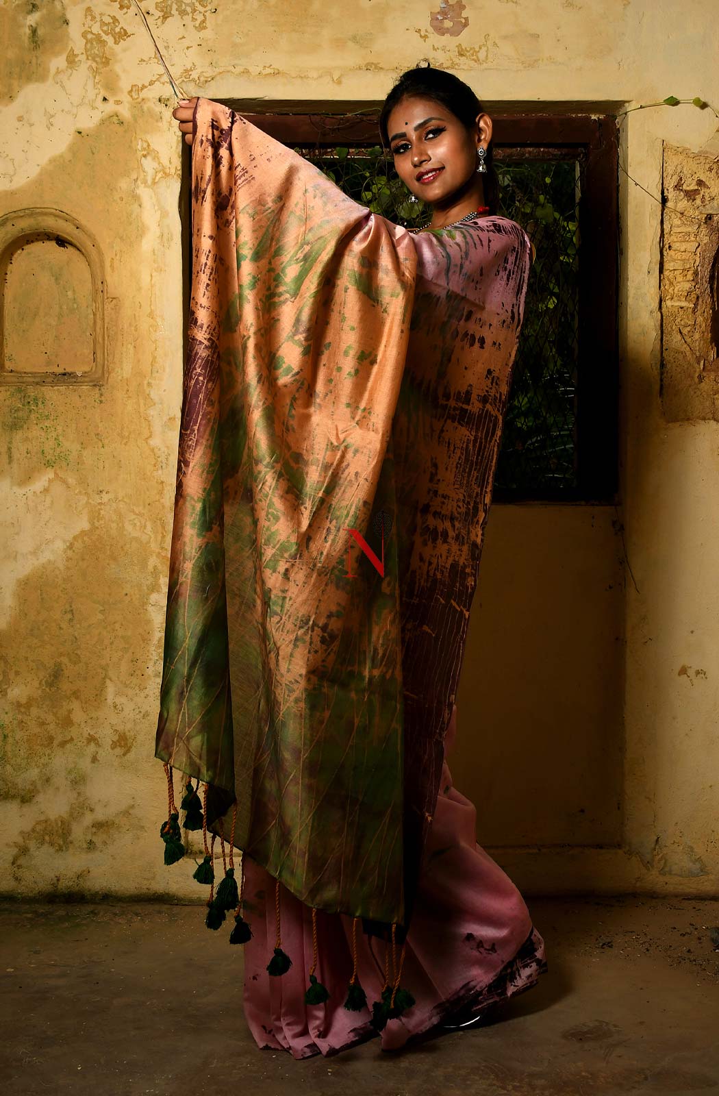 Pink & Green Pure Silk Chanderi Saree - Shibori - Naksheband