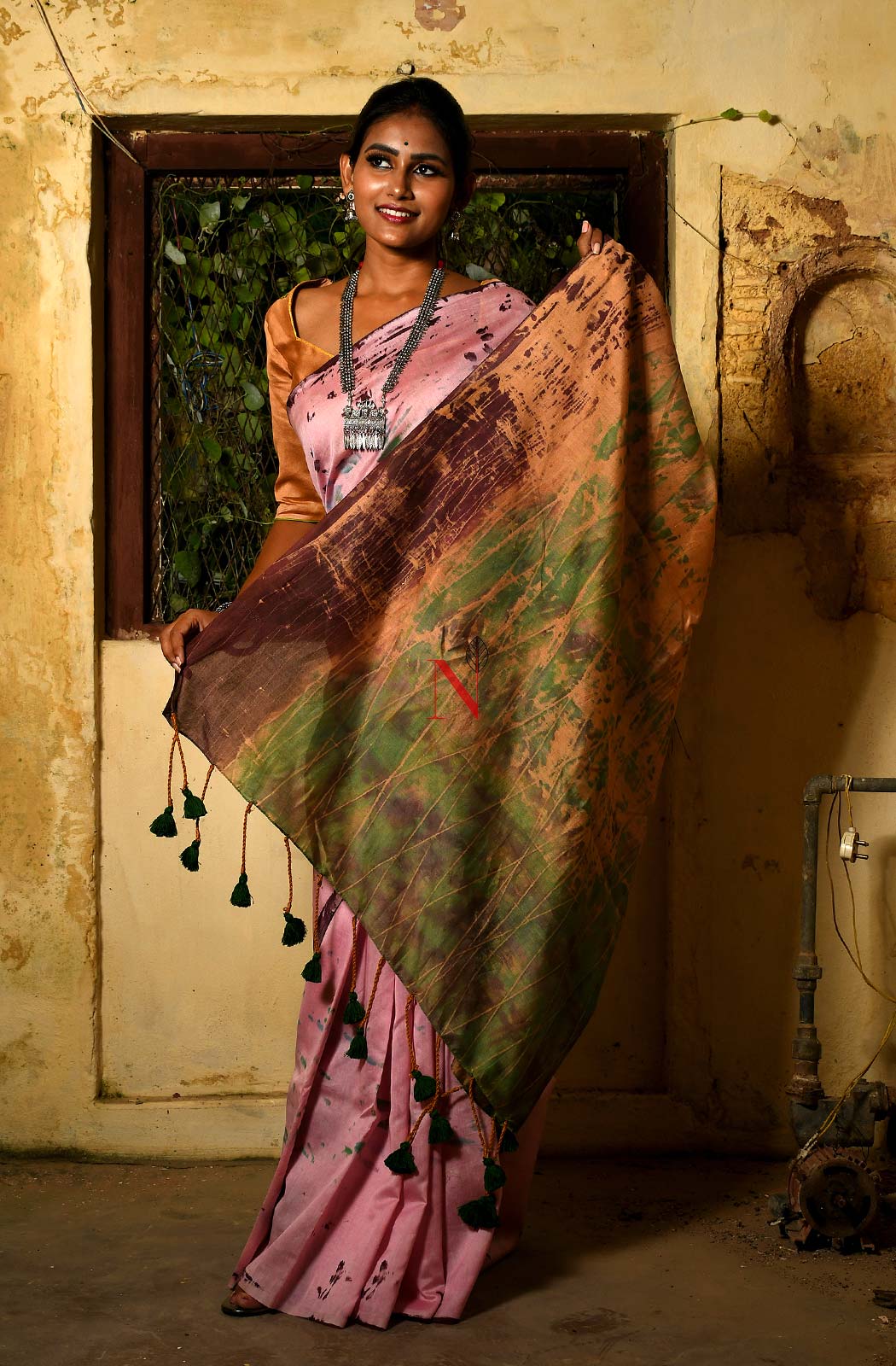Pink & Green Pure Silk Chanderi Saree - Shibori - Naksheband