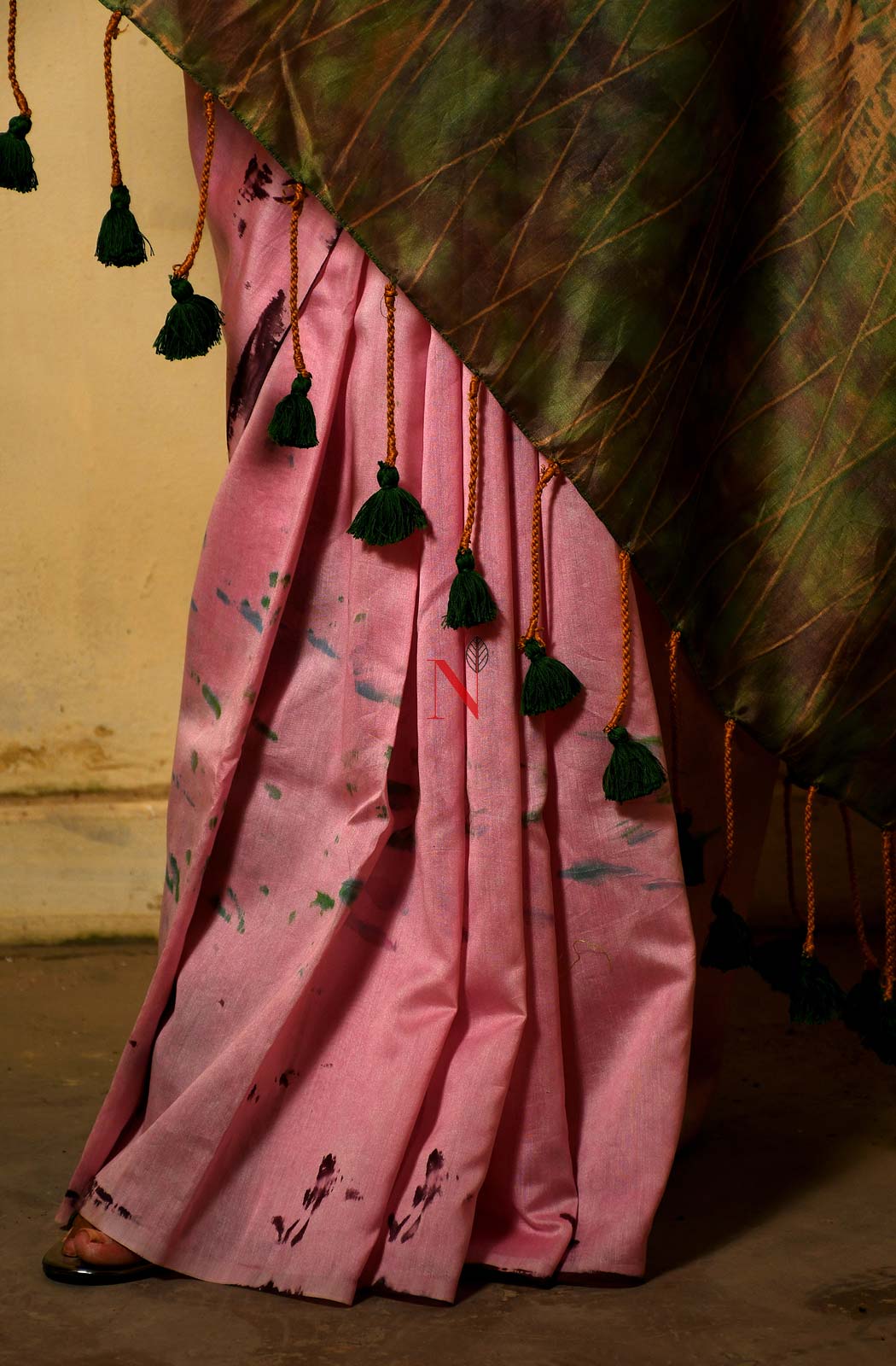 Pink & Green Pure Silk Chanderi Saree - Shibori - Naksheband