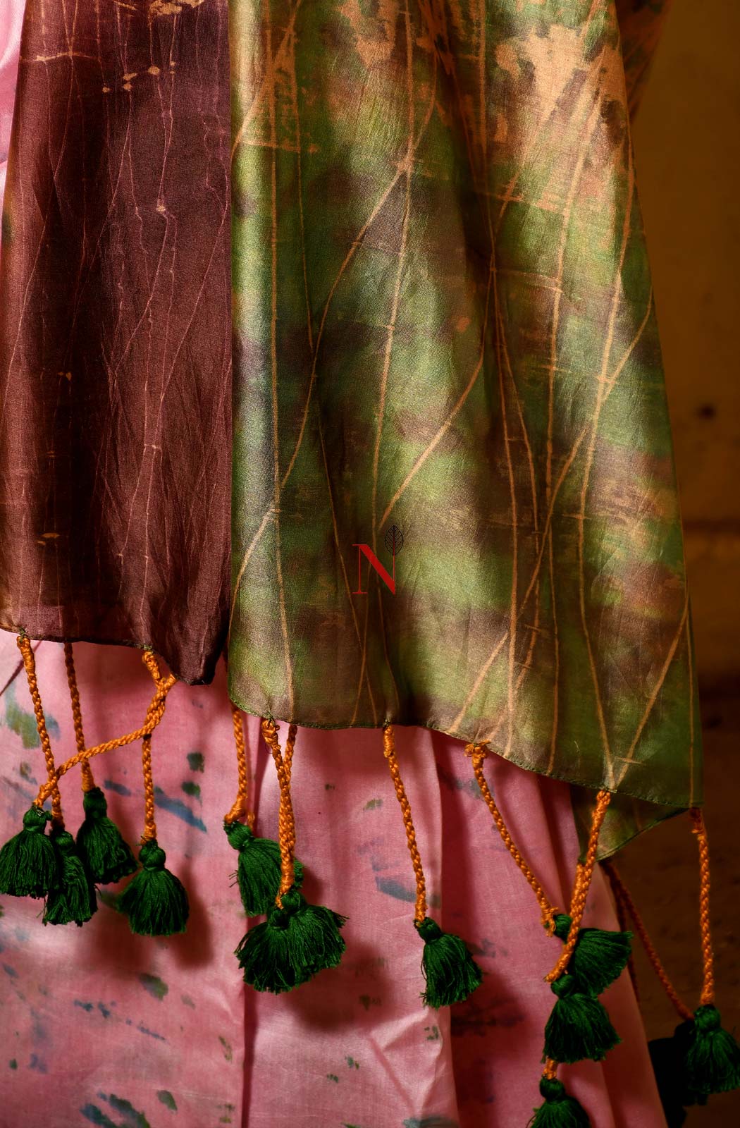 Pink & Green Pure Silk Chanderi Saree - Shibori - Naksheband