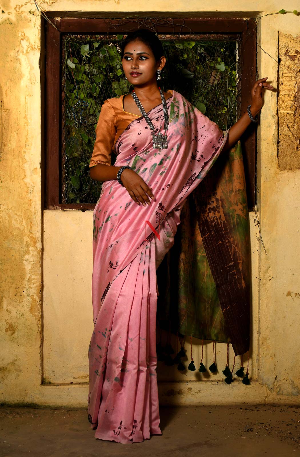 Pink & Green Pure Silk Chanderi Saree - Shibori - Naksheband