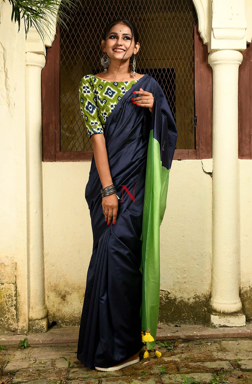 Blue & Green Pure Silk Chanderi Saree