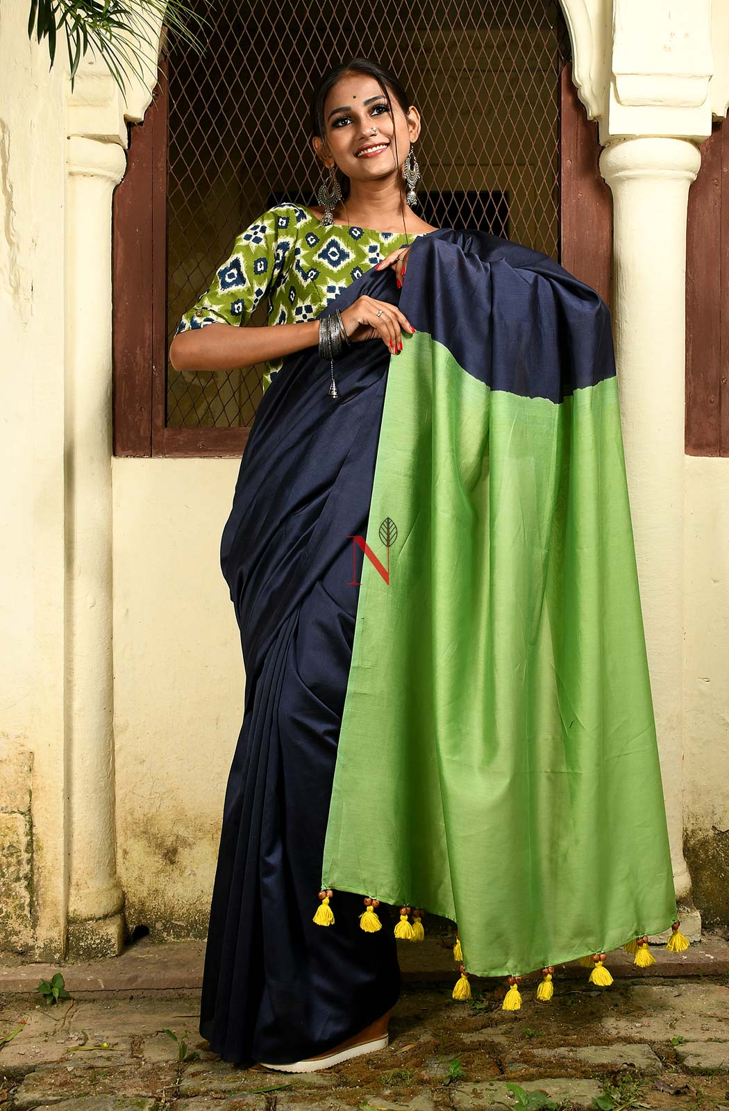 Blue & Green Pure Silk Chanderi Saree