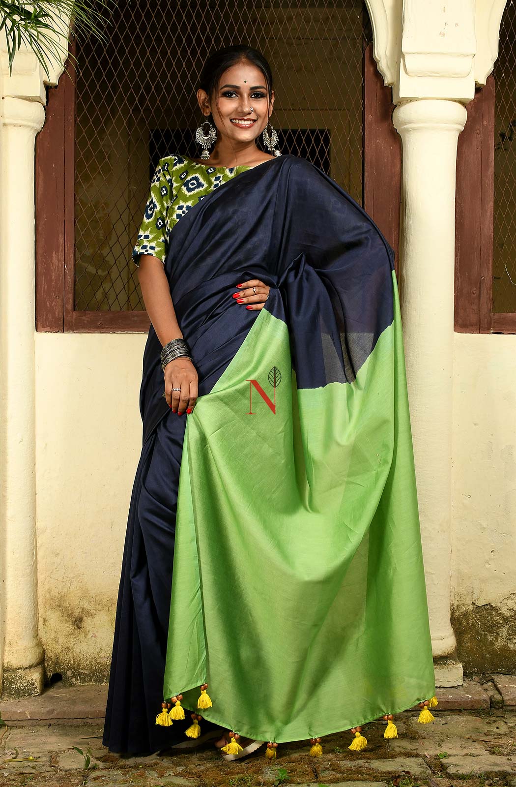 Blue & Green Pure Silk Chanderi Saree