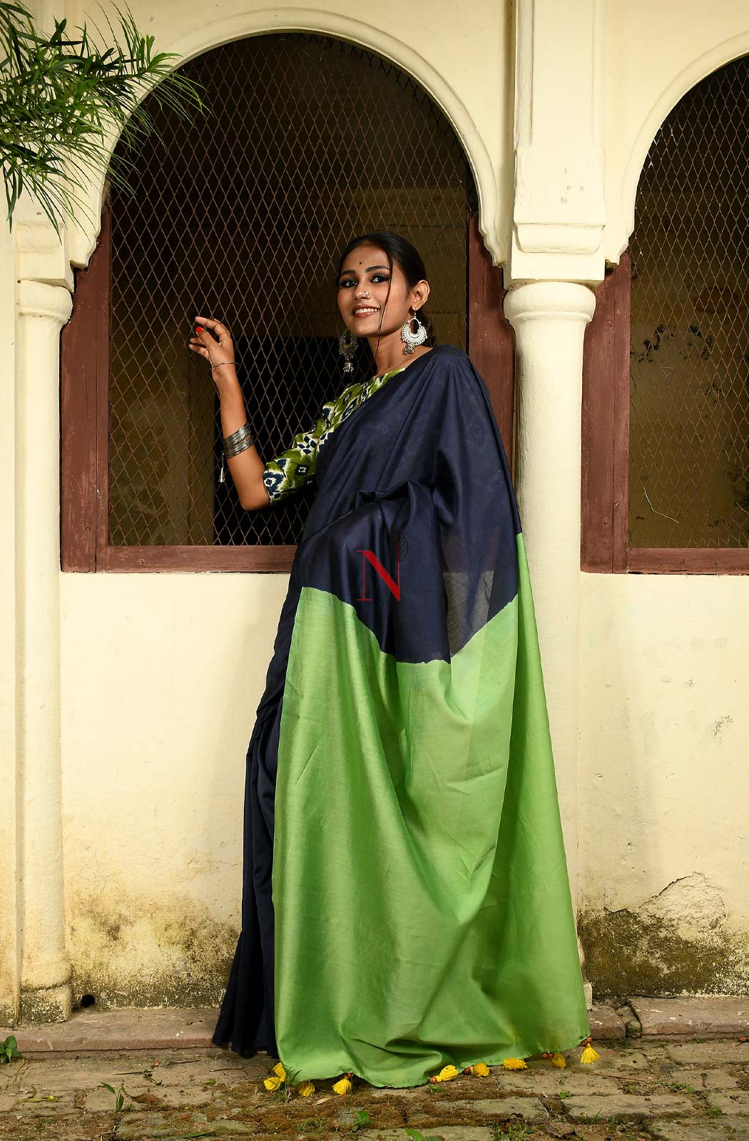 Blue & Green Pure Silk Chanderi Saree