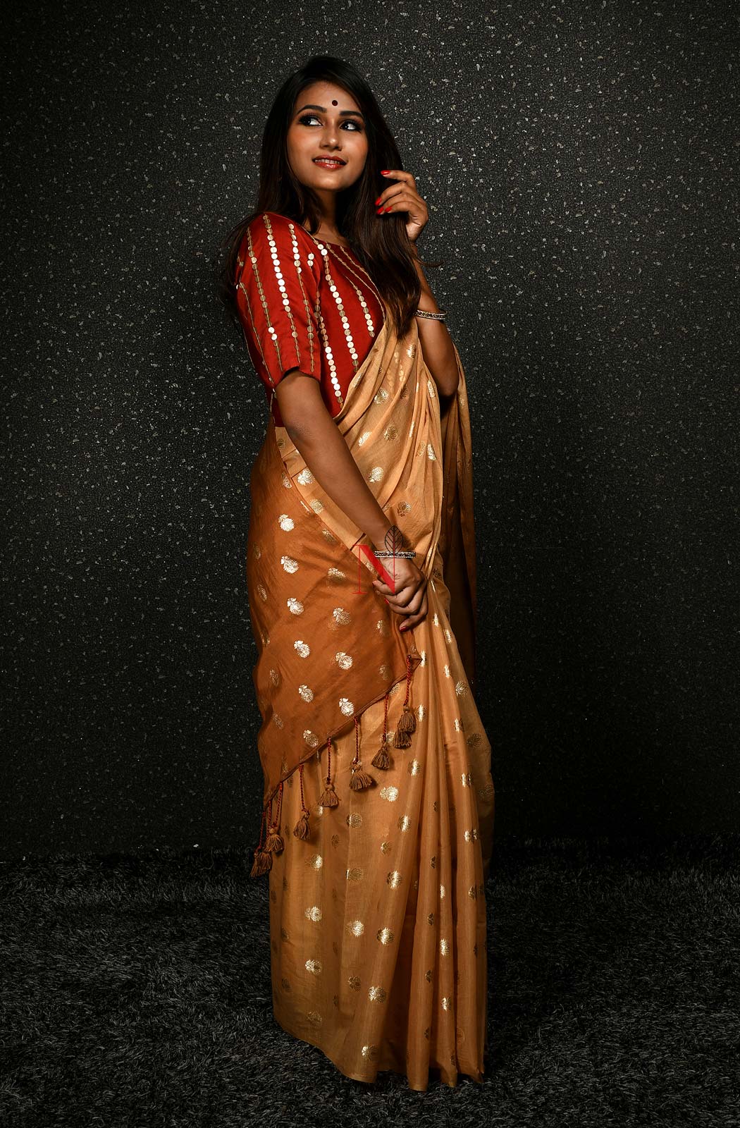 Fawn & Brown Pure Silk Chanderi Saree - Naksheband