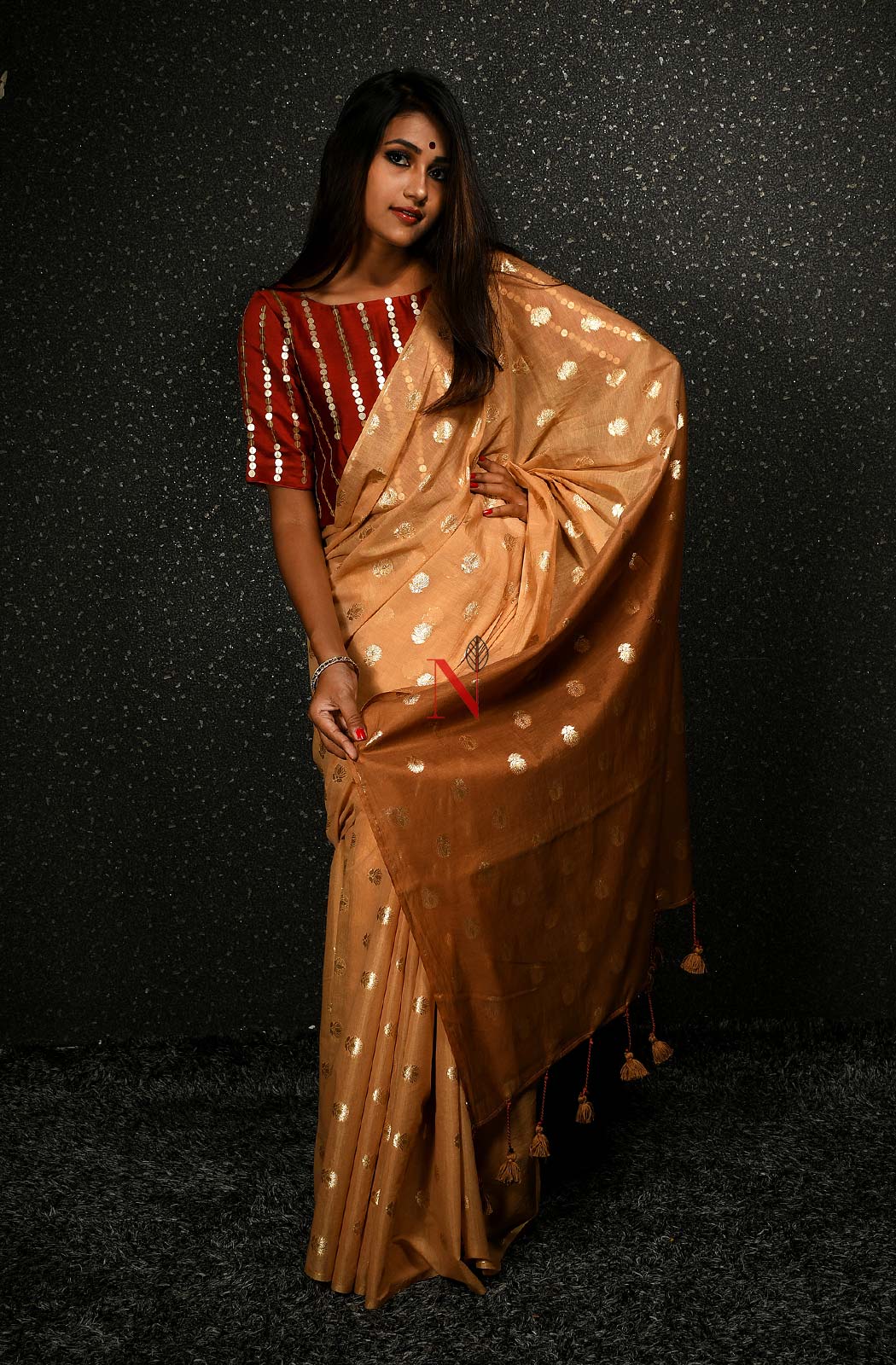 Fawn & Brown Pure Silk Chanderi Saree - Naksheband