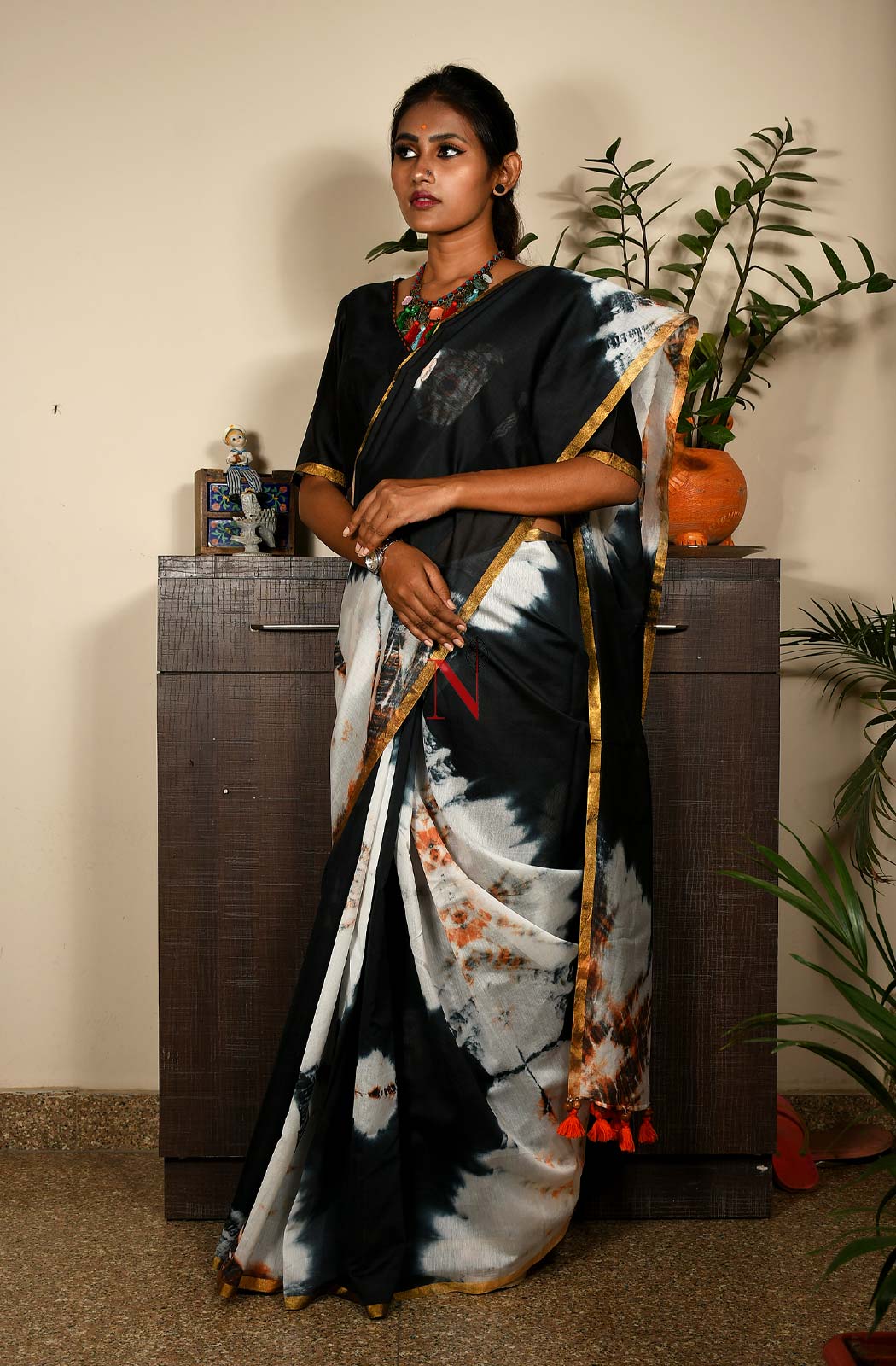 White & Black Pure Silk Chanderi Saree - Shibori - Naksheband
