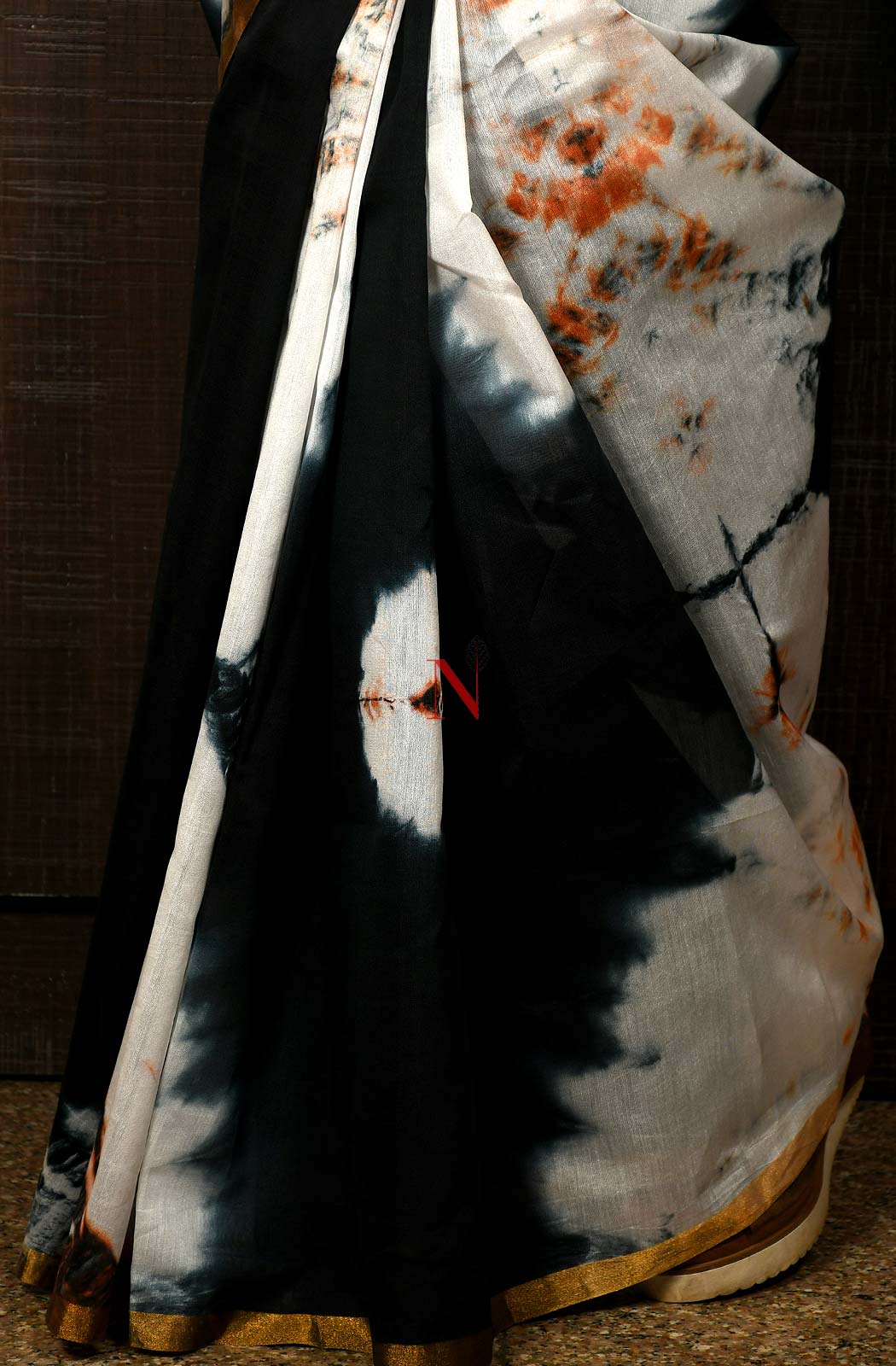 White & Black Pure Silk Chanderi Saree - Shibori - Naksheband