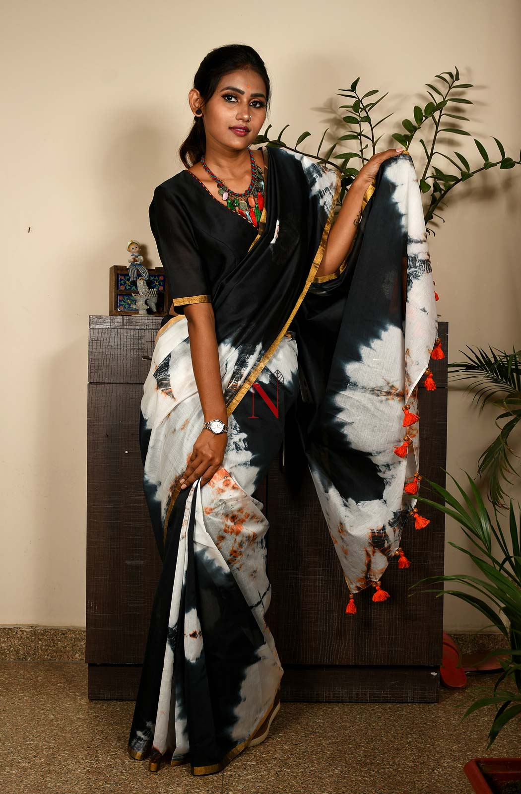 White & Black Pure Silk Chanderi Saree - Shibori - Naksheband