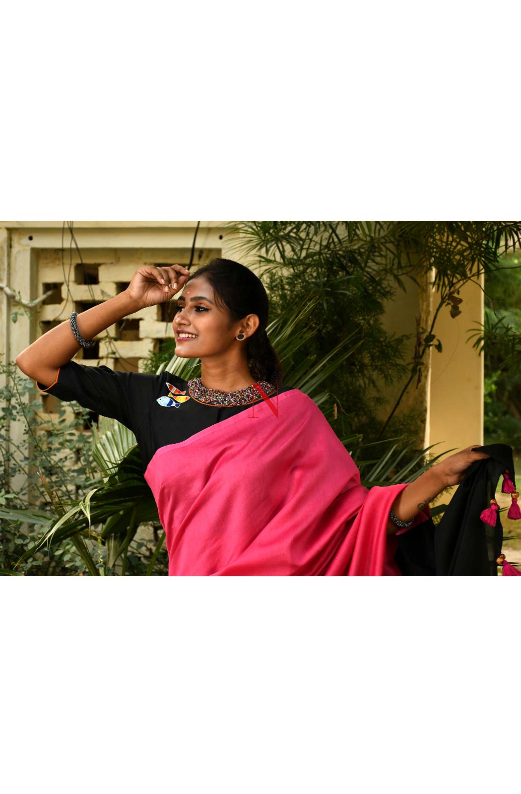 Pink & Black Pure Silk Chanderi Saree - Naksheband