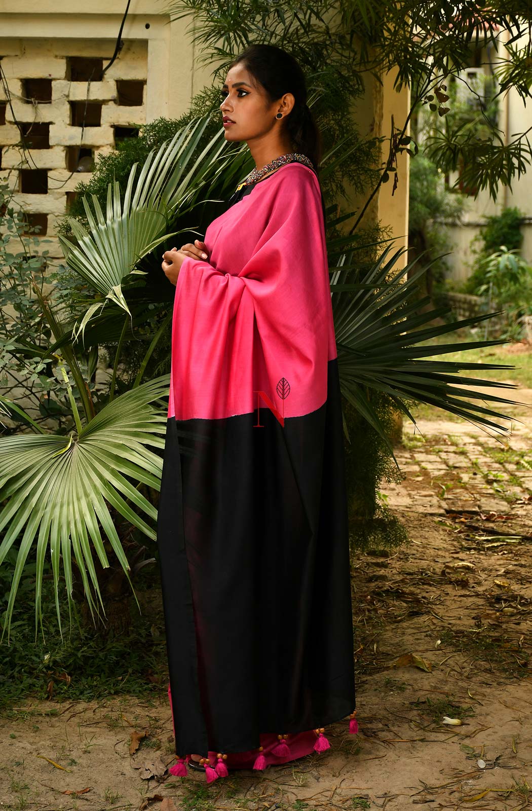 Pink & Black Pure Silk Chanderi Saree - Naksheband