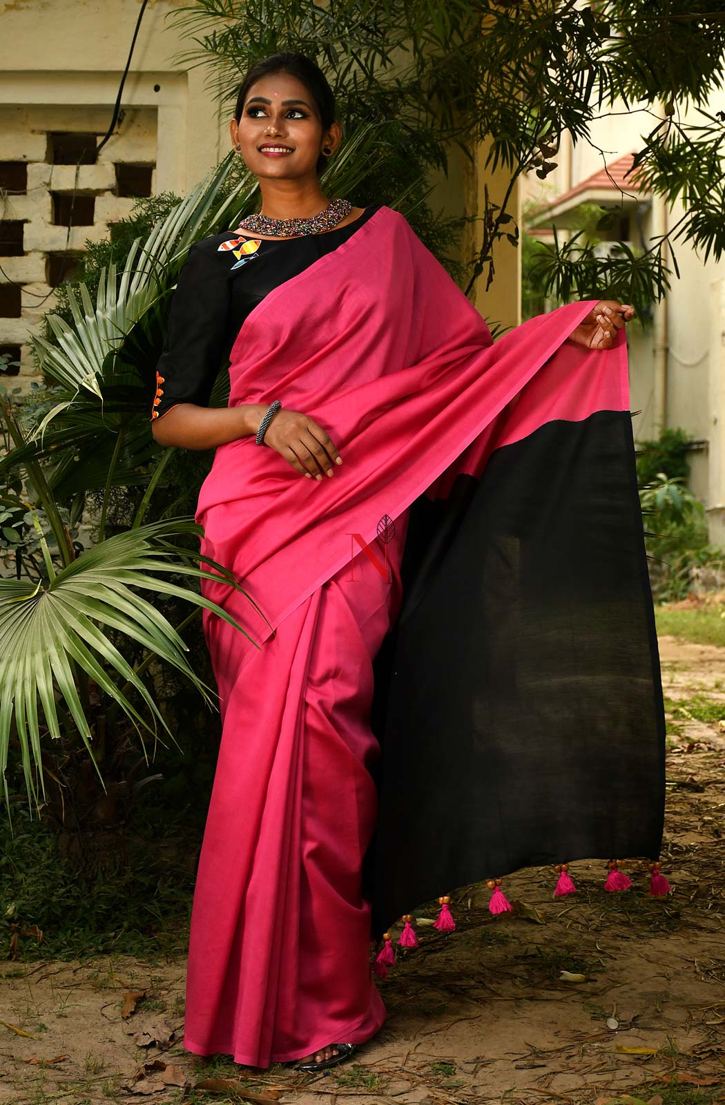 Pink & Black Pure Silk Chanderi Saree - Naksheband