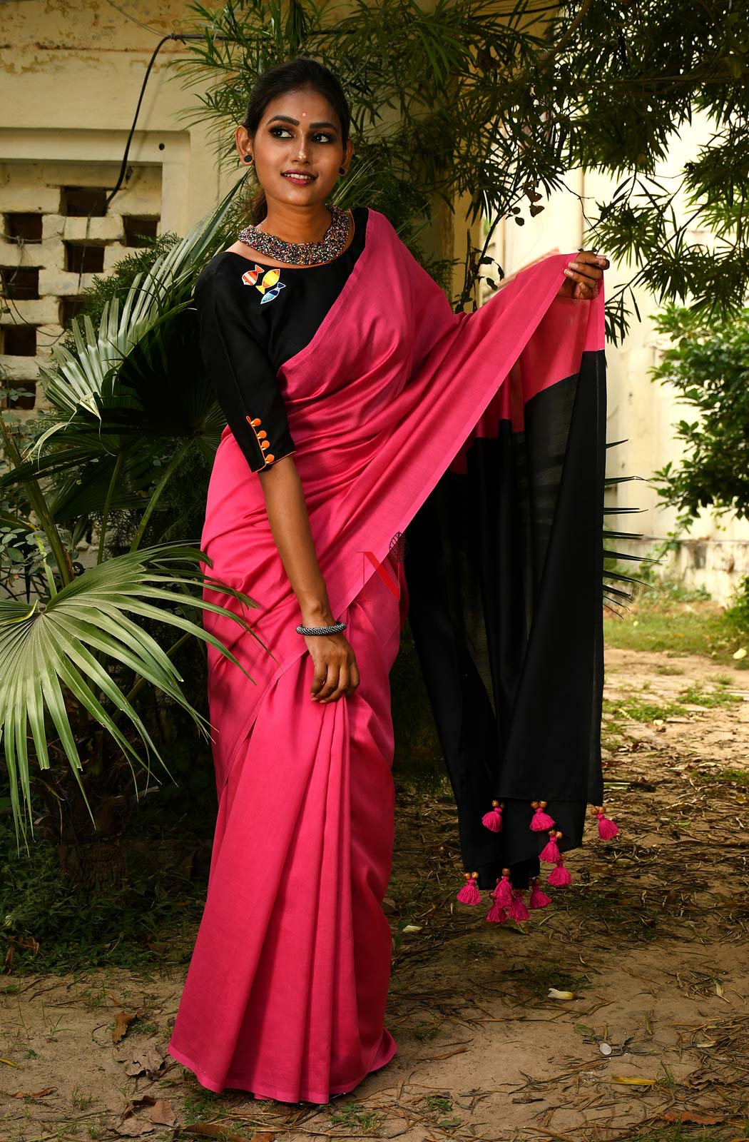 Pink & Black Pure Silk Chanderi Saree - Naksheband