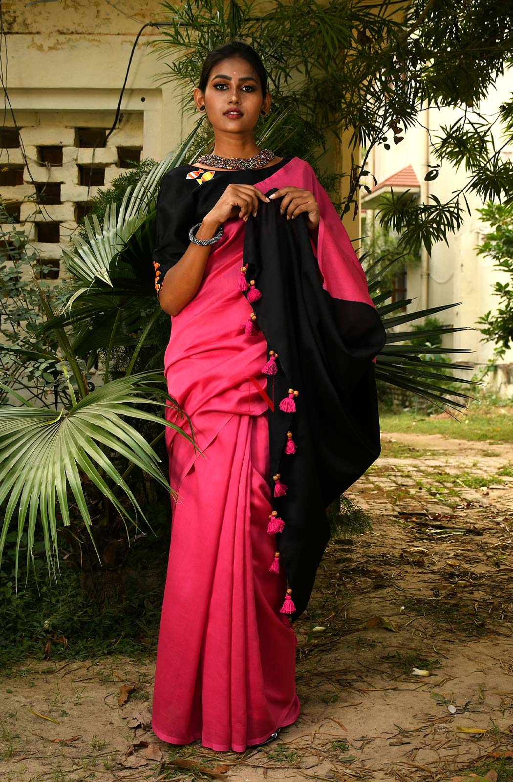 Pink & Black Pure Silk Chanderi Saree - Naksheband