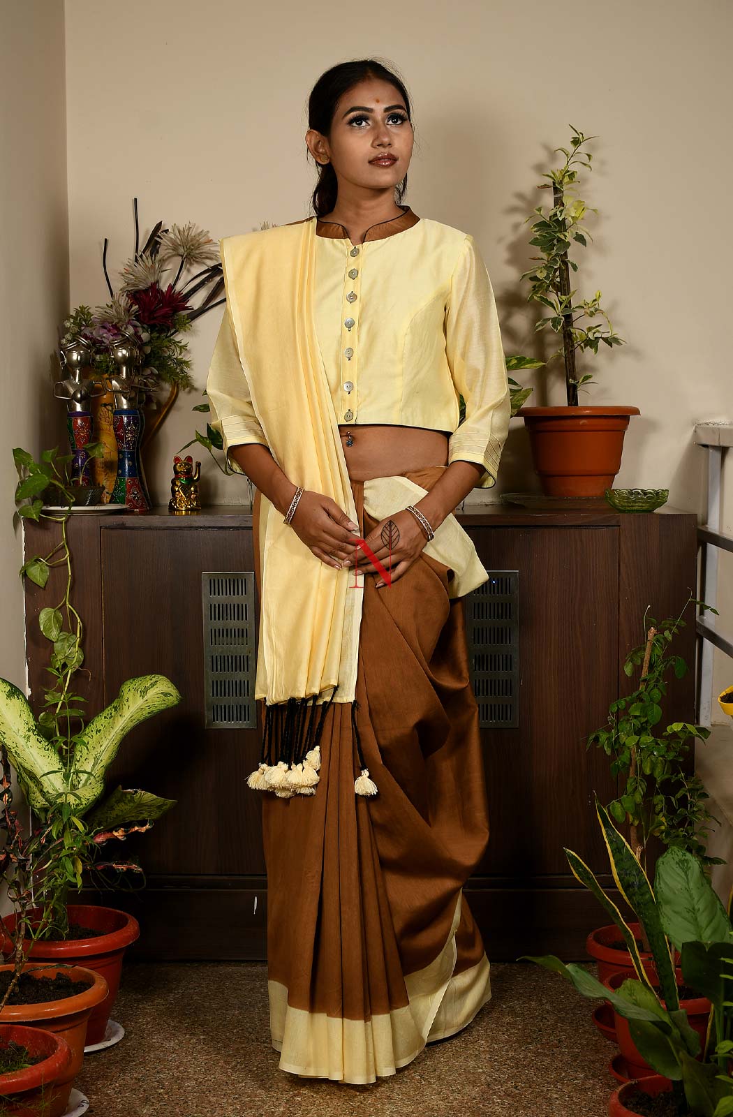 Brown & Cream Pure Silk Chanderi Saree - Naksheband