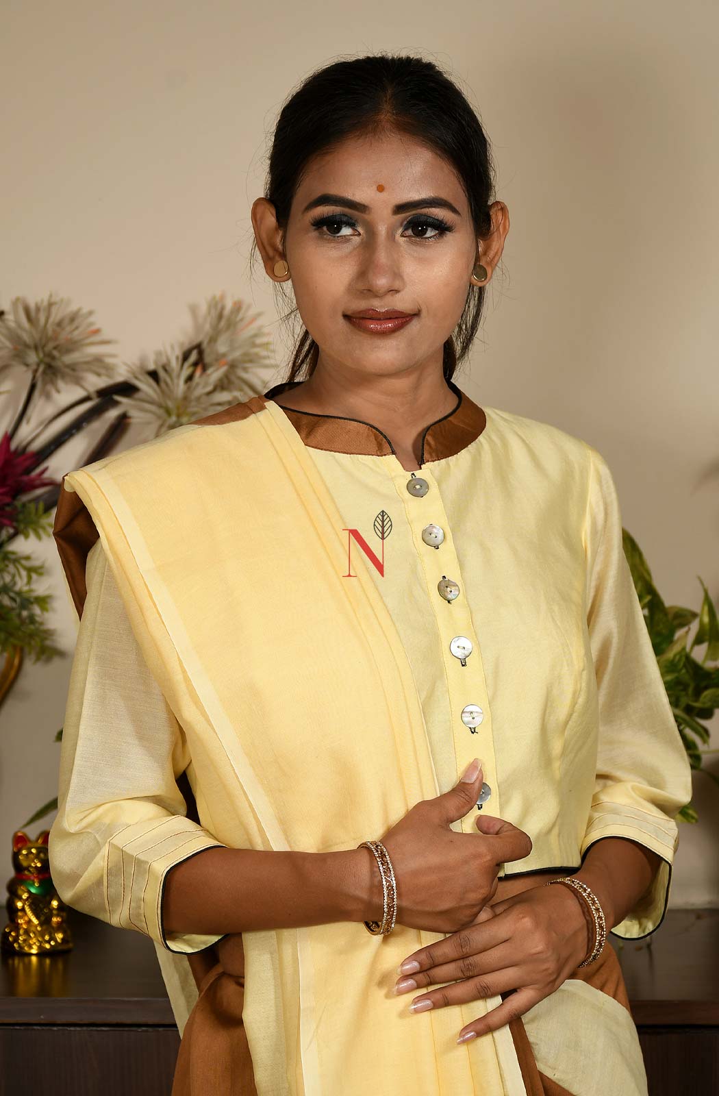 Brown & Cream Pure Silk Chanderi Saree - Naksheband