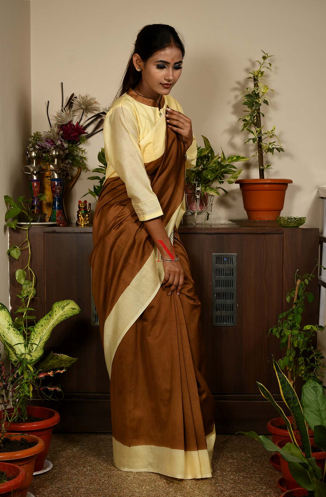 Brown & Cream Pure Silk Chanderi Saree - Naksheband
