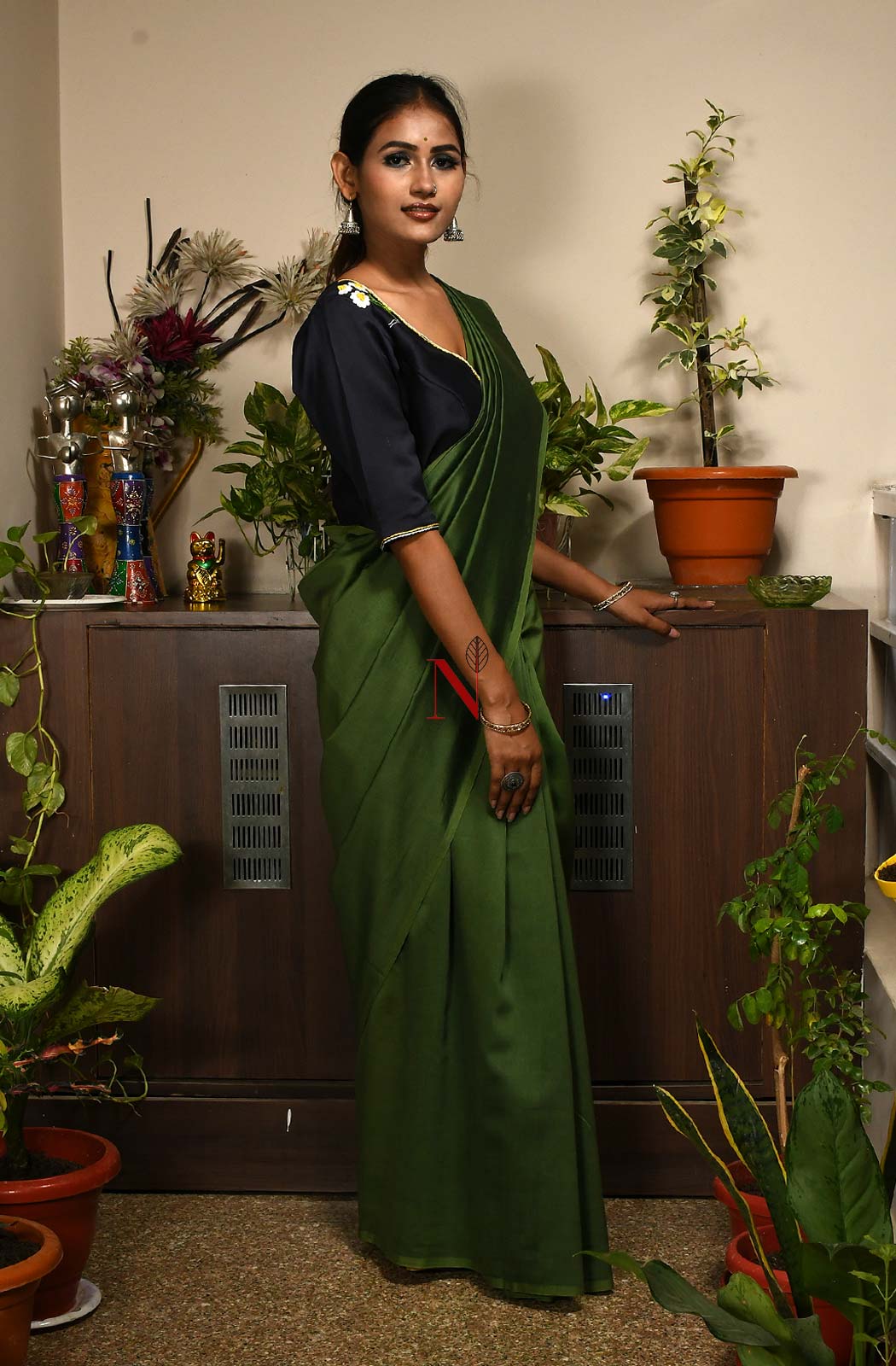 Dark Olive Green Pure Silk Chanderi Saree - Naksheband