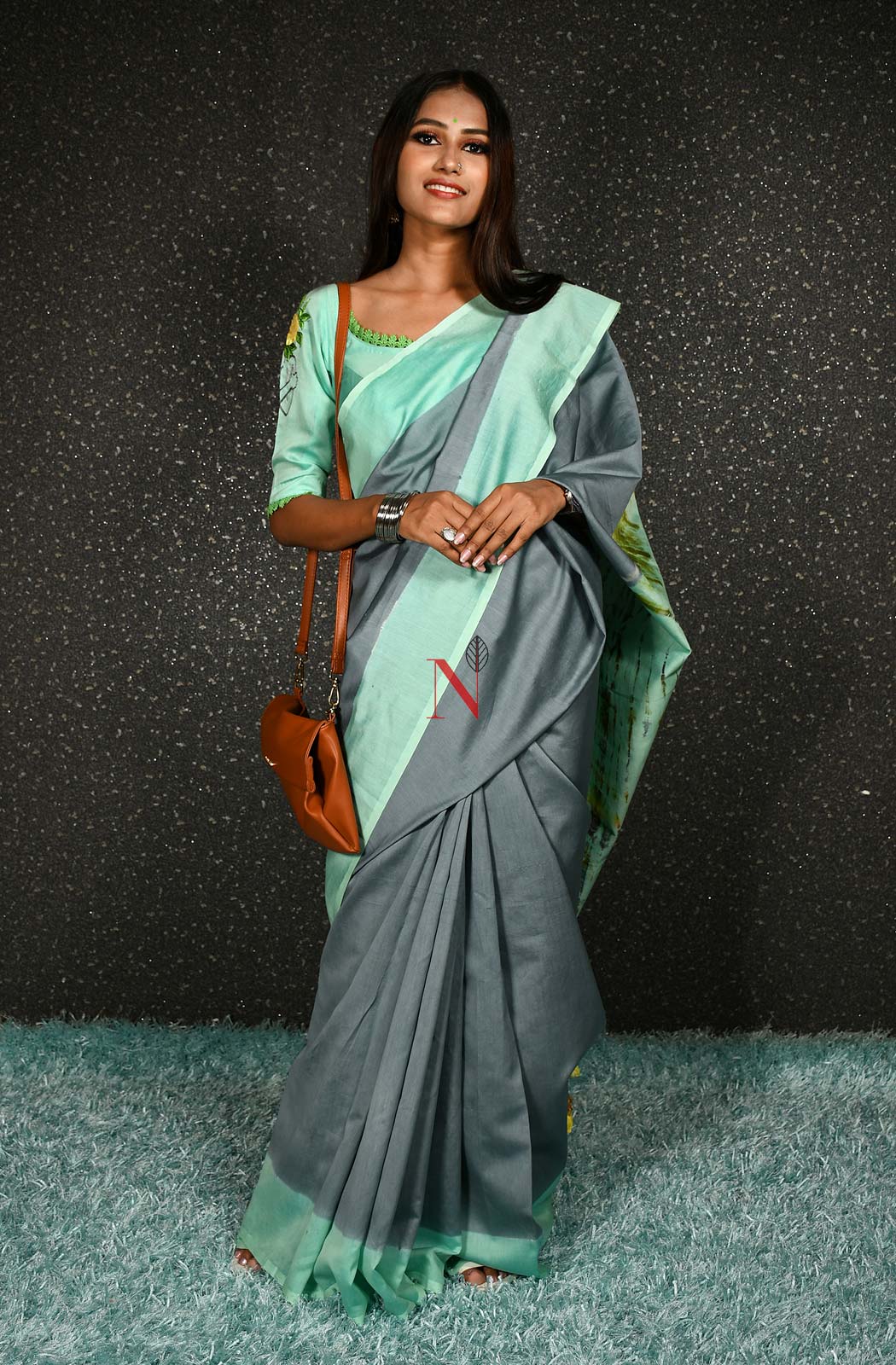 Grey & Sea Green Pure Silk Chanderi Saree - Shibori - Naksheband