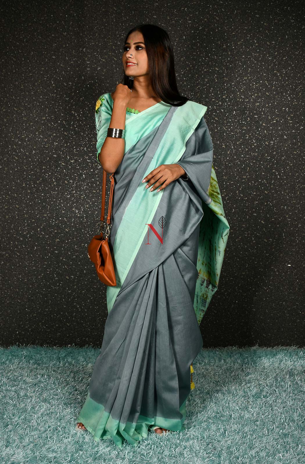 Grey & Sea Green Pure Silk Chanderi Saree - Shibori - Naksheband