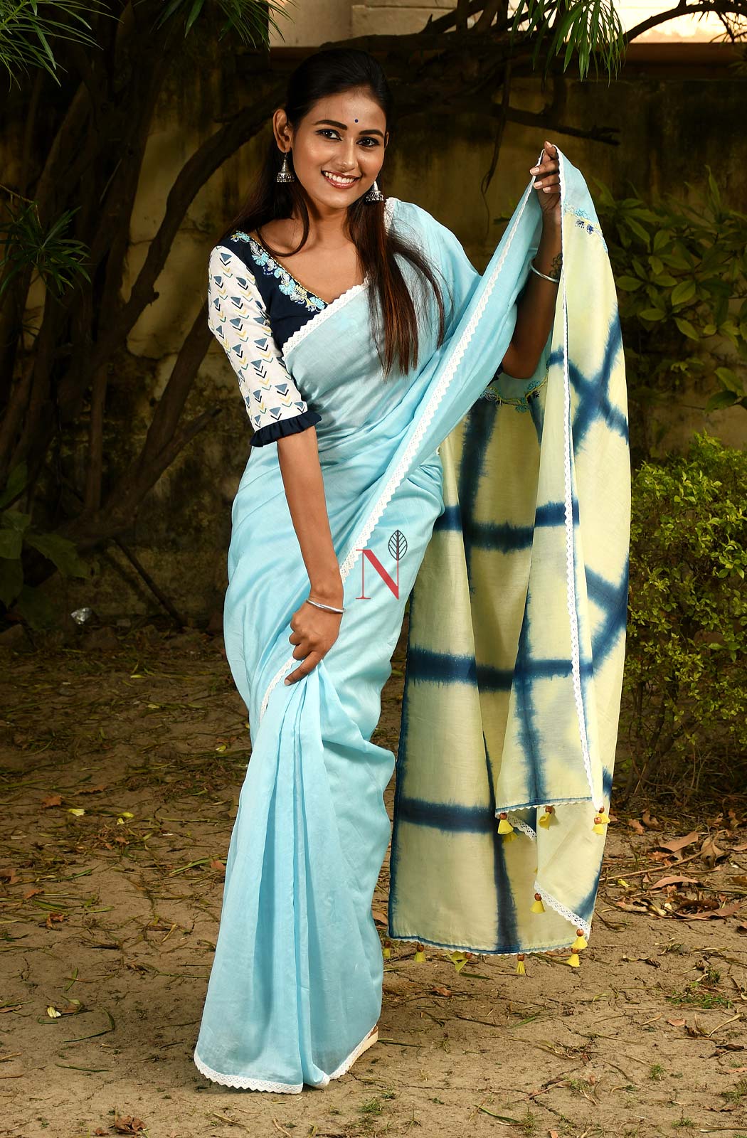 Sky Blue & Cream Pure Silk Chanderi Saree - Shibori - Naksheband