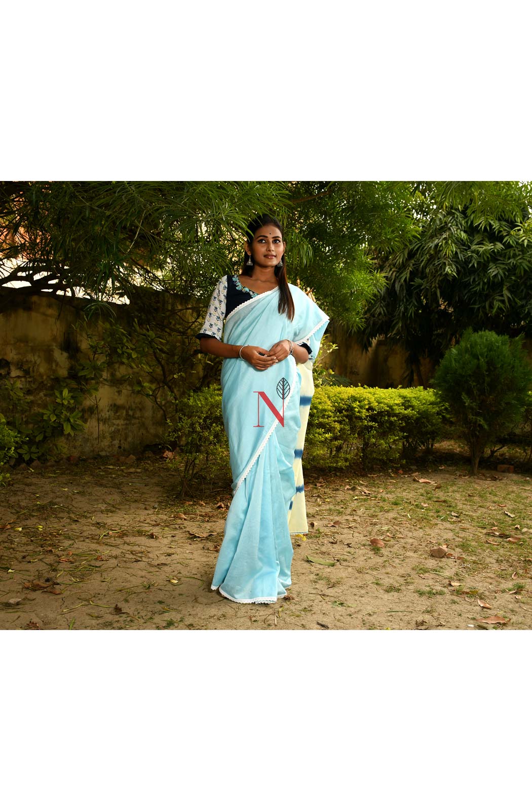 Sky Blue & Cream Pure Silk Chanderi Saree - Shibori - Naksheband