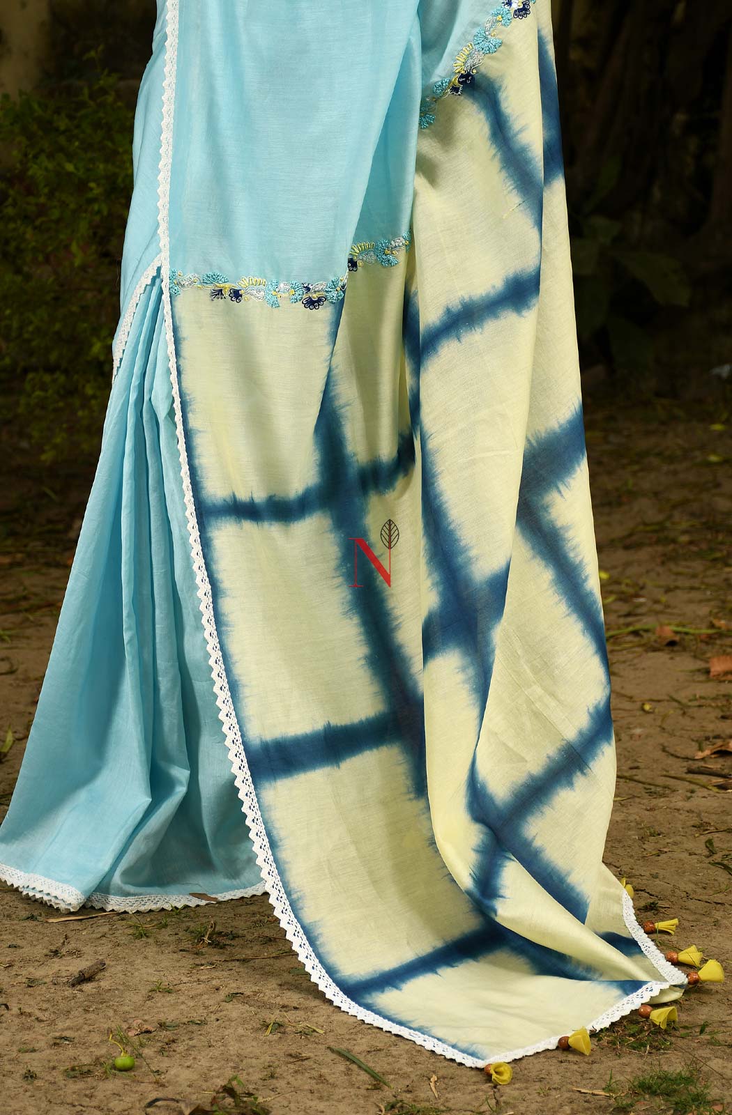 Sky Blue & Cream Pure Silk Chanderi Saree - Shibori - Naksheband