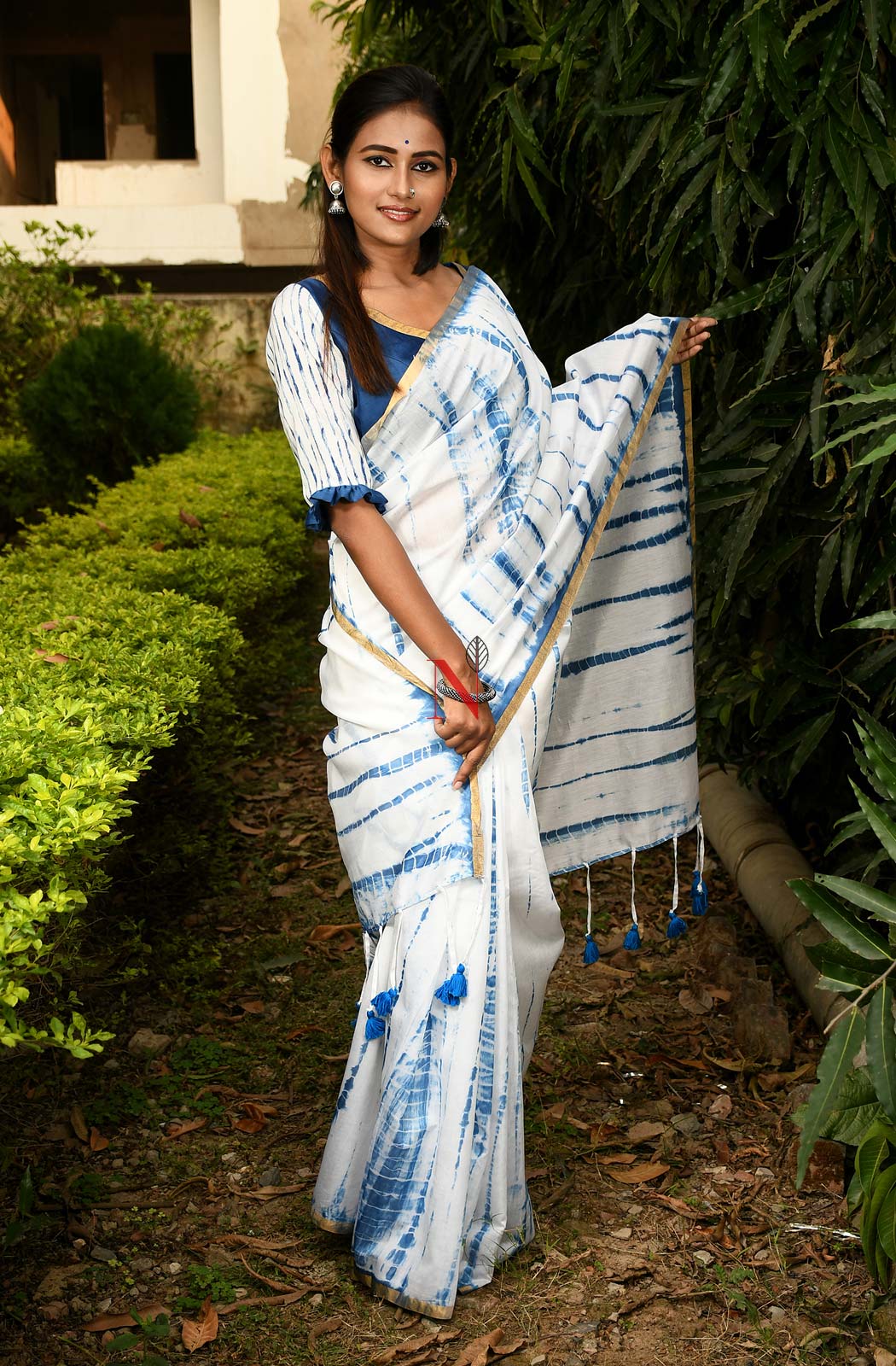 White & Blue Pure Silk Chanderi Saree - Shibori - Naksheband