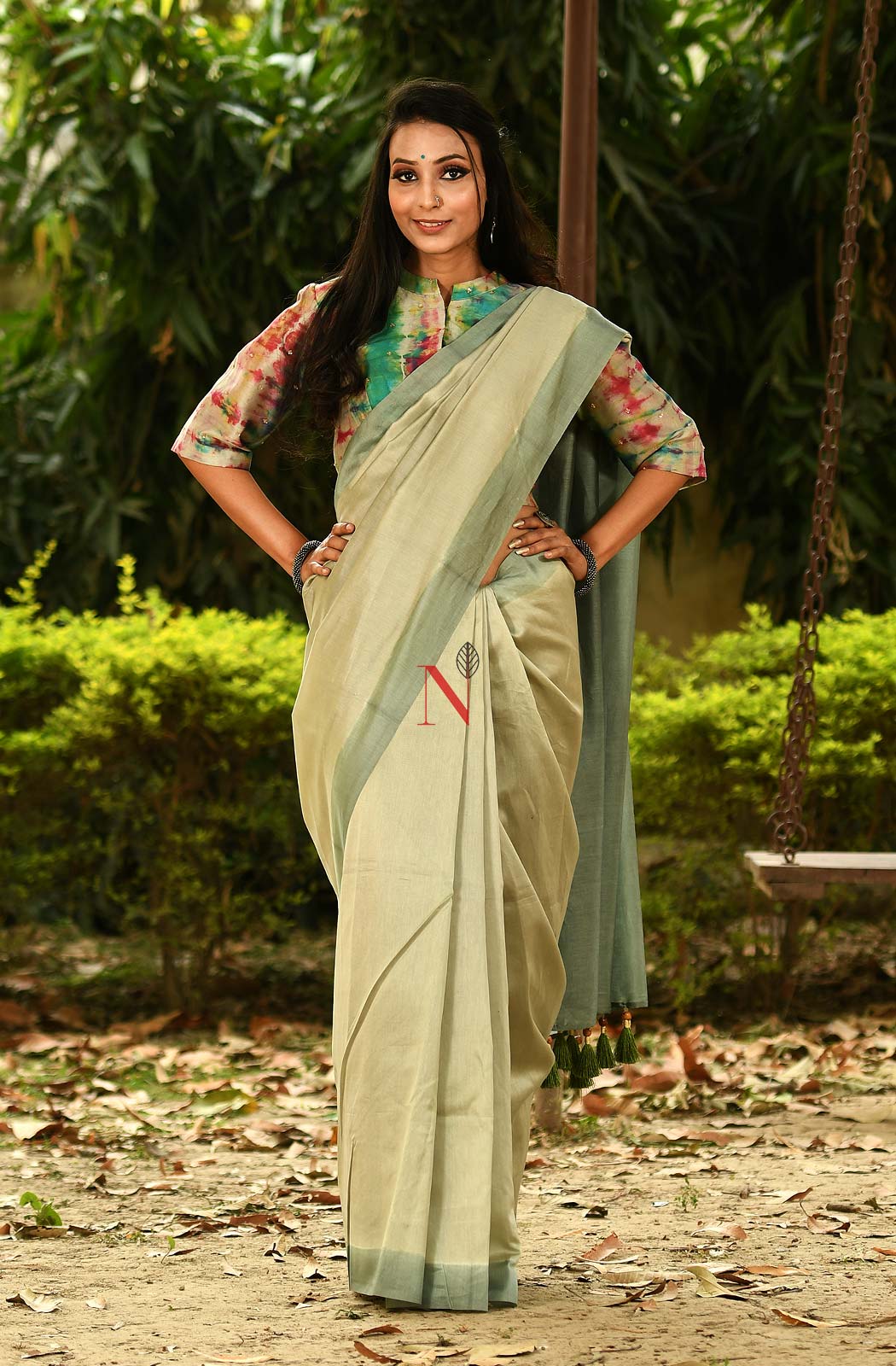 Beige & Moss Green Pure Silk Chanderi Saree - Naksheband