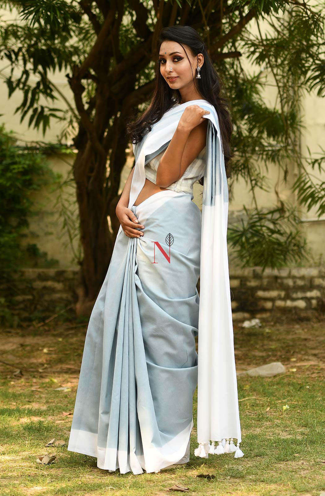 Grey & White Green Pure Silk Chanderi Saree - Naksheband