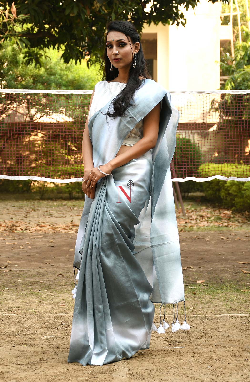 White & Grey Pure Silk Chanderi Saree - Shibori