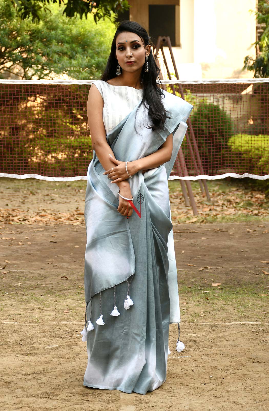 White & Grey Pure Silk Chanderi Saree - Shibori