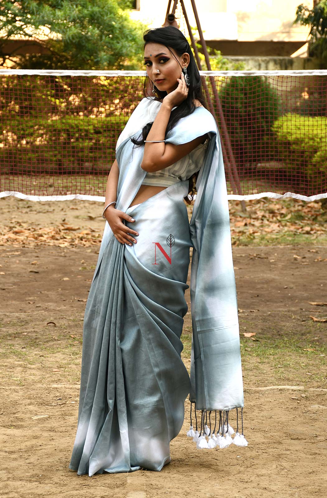 White & Grey Pure Silk Chanderi Saree - Shibori