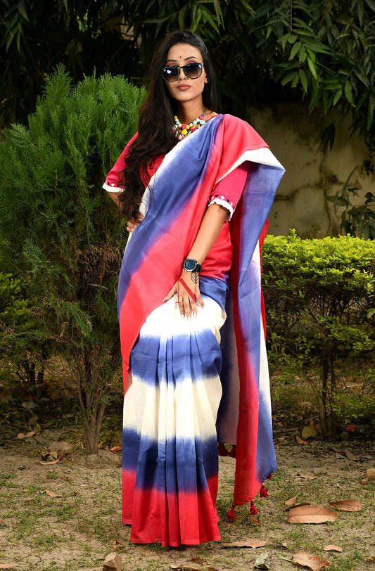 Violet, White & Red Pure Silk Chanderi Saree - Shibori - Naksheband